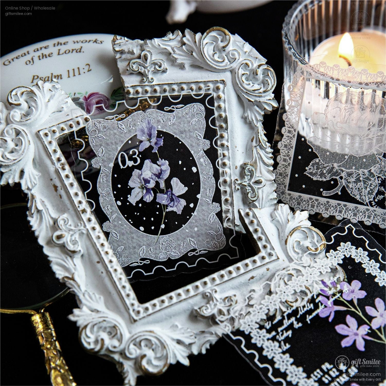 Pet White-Ink Lace Floral Transparent Decorative Stickers | KS-SA-4332