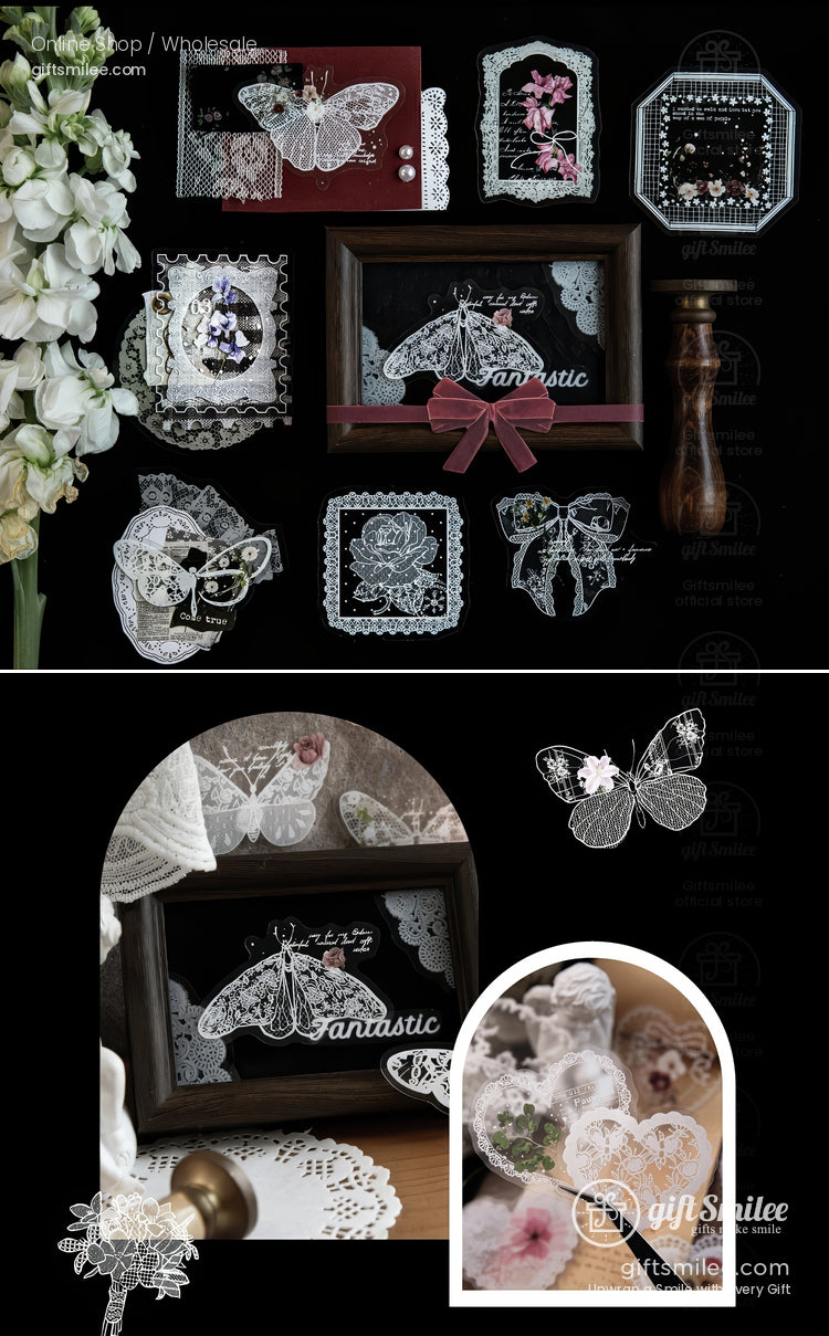 Pet White-Ink Lace Floral Transparent Decorative Stickers | KS-SA-4332