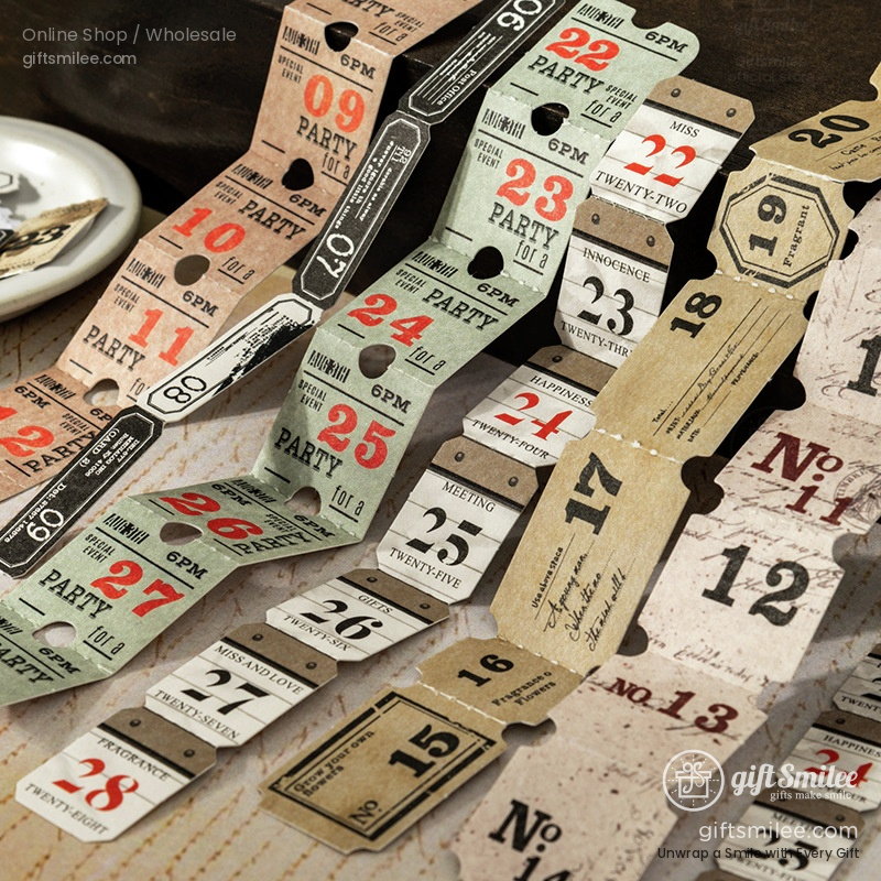 Vintagestyle paper tickets in muted tones of beige green and red with numbered designs perforated edges and retro fonts