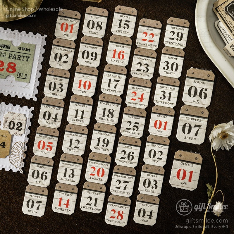 Vintagestyle kraft paper tags with numbers and words in black and red text arranged on a dark wooden surface