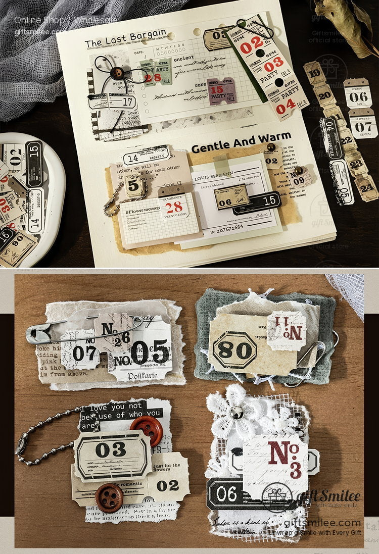 Vintagestyle scrapbook embellishments with numbered tags lace accents distressed paper and retro ticket designs