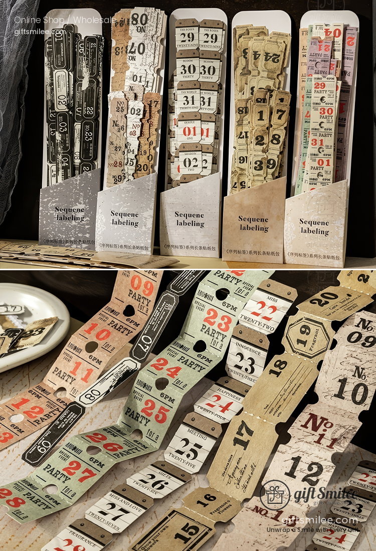 Vintagestyle sequence labeling stickers in assorted colors featuring numbers party themes and distressed paper textures