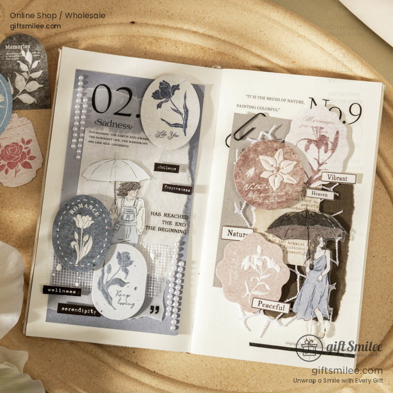 Vintageinspired scrapbook with floral stickers pastel tones textured paper and handwritten quotes for creative journaling