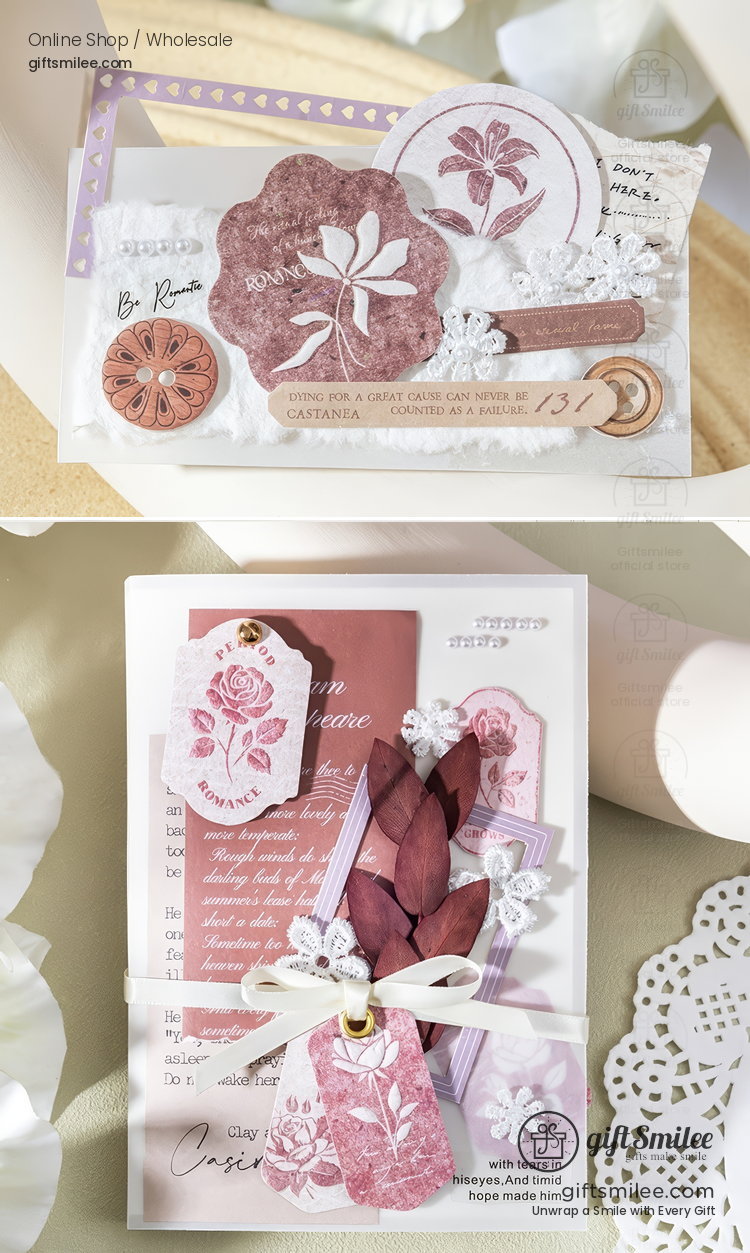 Elegant handmade cards with mauve floral accents lace details textured paper and romantic vintageinspired elements