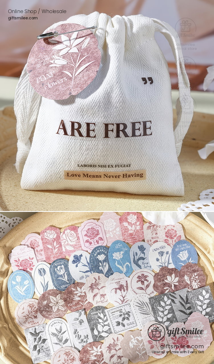 White herringbone drawstring pouch with botanical print tag paired with vintageinspired floral stickers in pink blue and gray