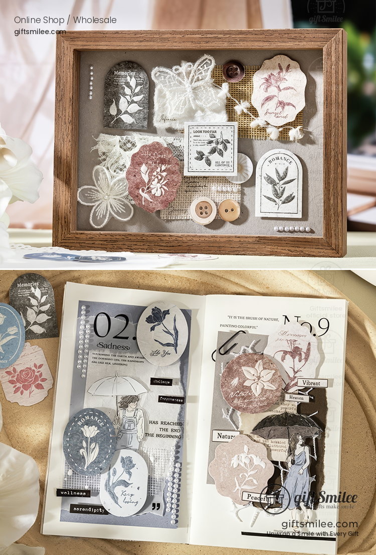 Vintagestyle scrapbook kit with floral stickers lace cutouts wooden buttons pearl accents and a wooden frame