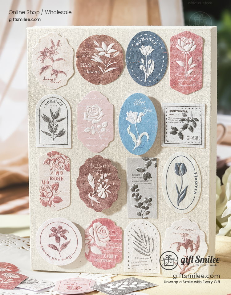 Vintageinspired floral sticker set in pastel pink blue and cream tones featuring botanical designs and delicate detailing