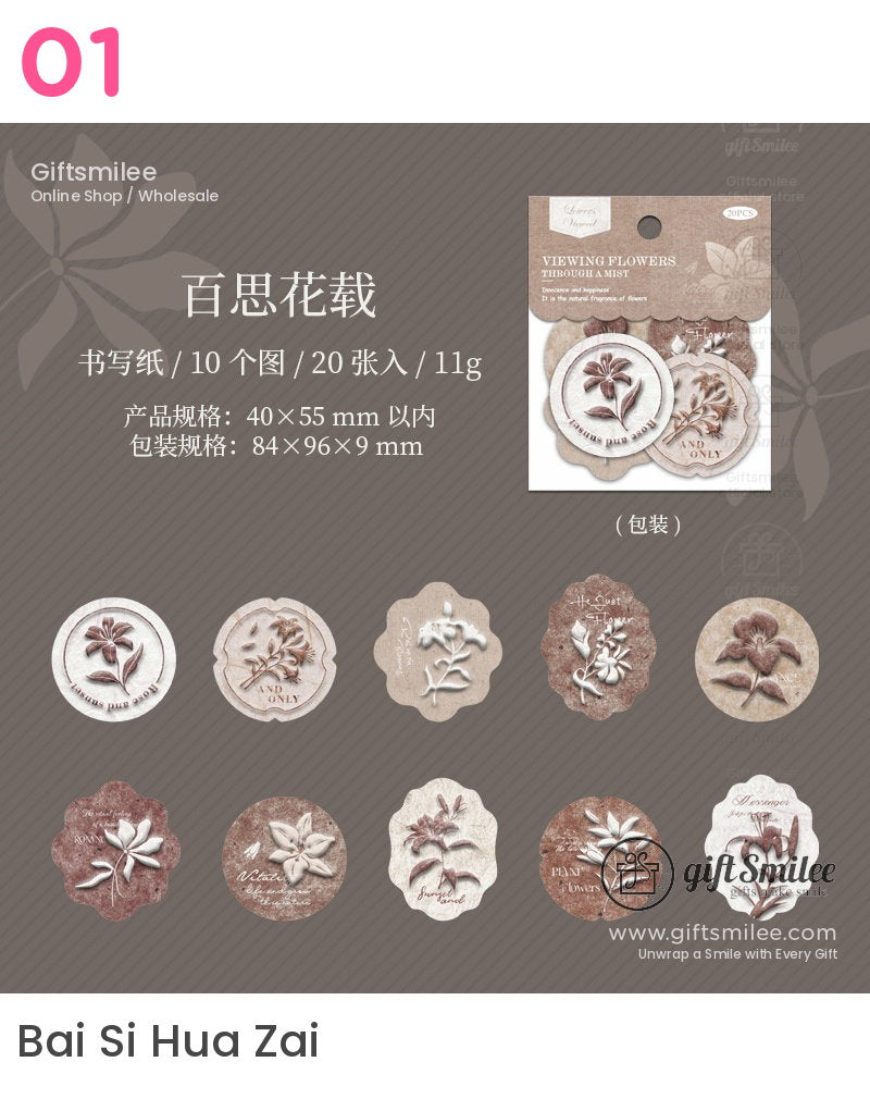 Vintagestyle floral sticker set in earthy tones featuring delicate embossed flower designs and scalloped edges