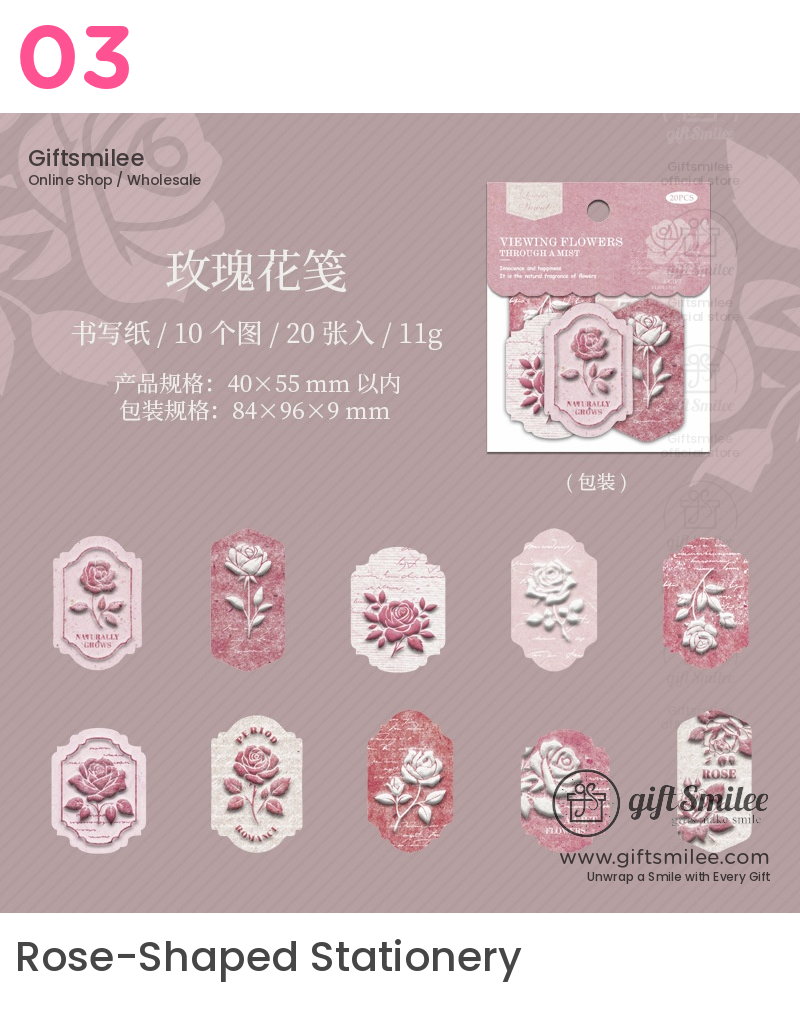 Pink embossed rosethemed stationery tags with vintage floral designs textured details and elegant packaging