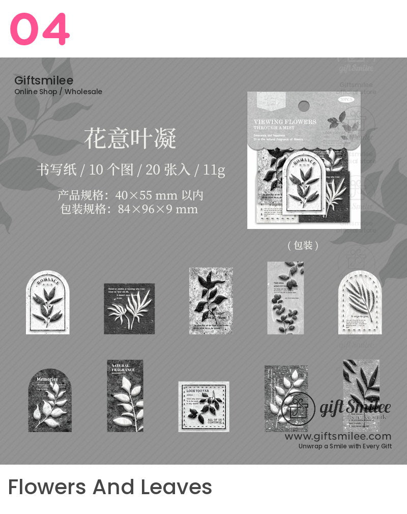 Set of monochrome botanicalthemed journaling stickers featuring leaf patterns minimalist style and vintage blackandwhite design