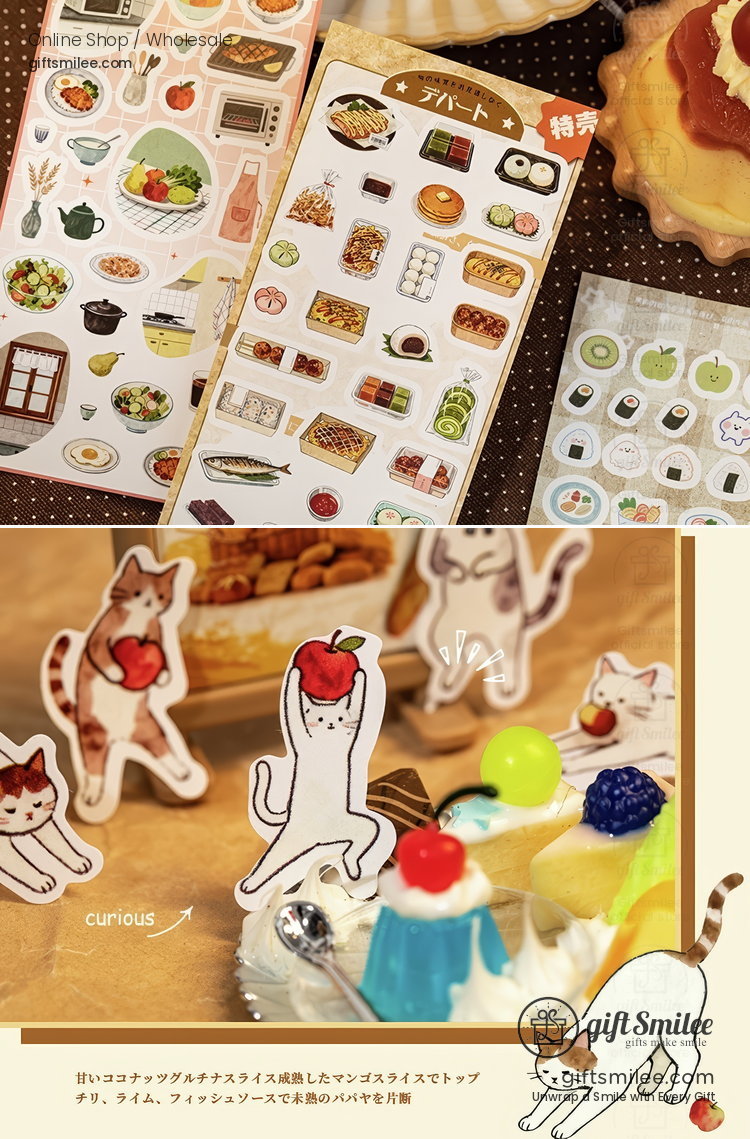 Whimsical catthemed paper stickers with food desserts and fruit designs featuring vibrant colors and playful details
