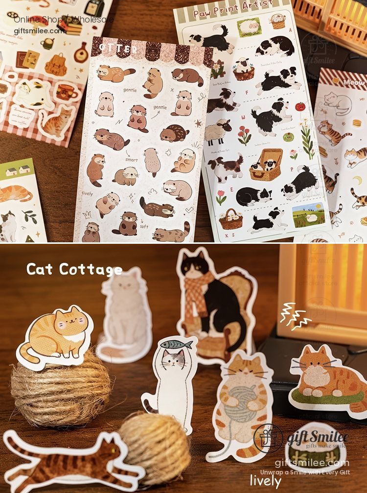 Cute animalthemed sticker sheets featuring colorful illustrated cats otters and dogs perfect for crafting or journaling
