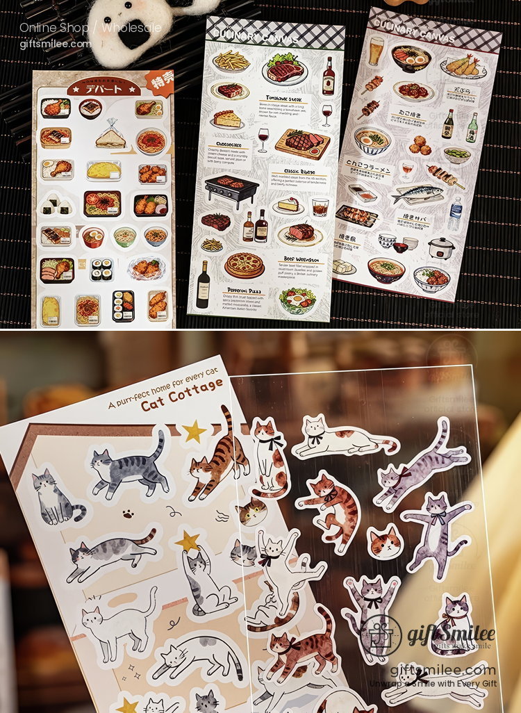 Transparent sticker sheets with colorful food illustrations including sushi pasta and pizza and playful cat designs