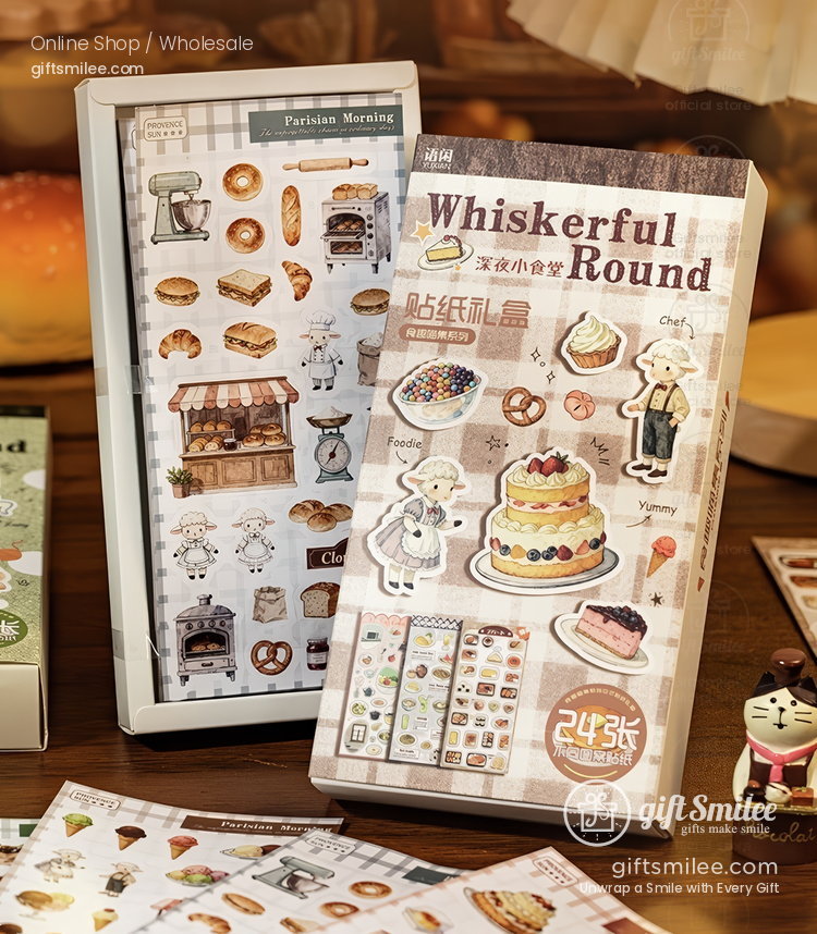 Pastel bakerythemed sticker sets with desserts pastries caf elements and whimsical animal characters in decorative packaging