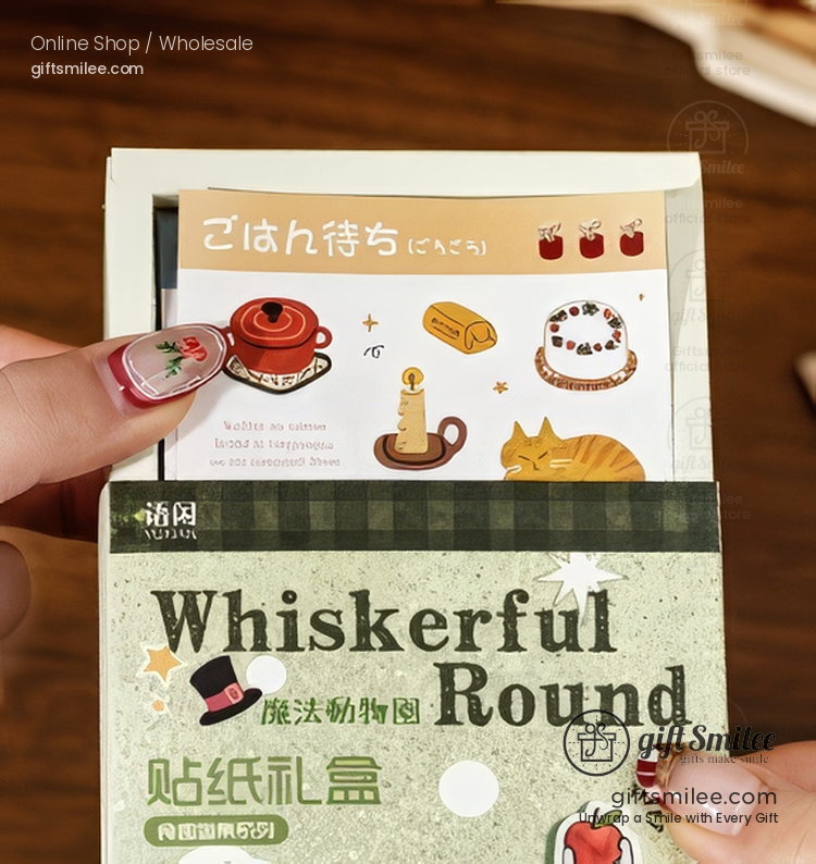 Decorative sticker set with illustrated motifs of a cat teapot candle and food items in warm tones in green packaging