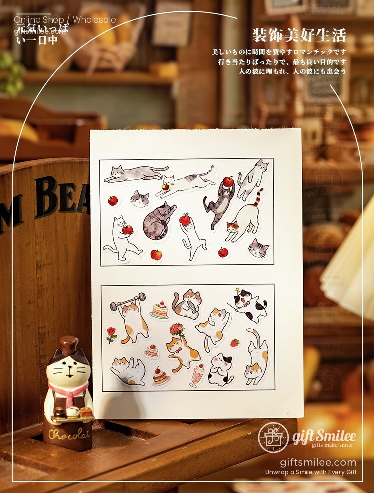 Illustrated white poster with playful watercolor cats red apples and desserts in a cozy rustic wooden setting