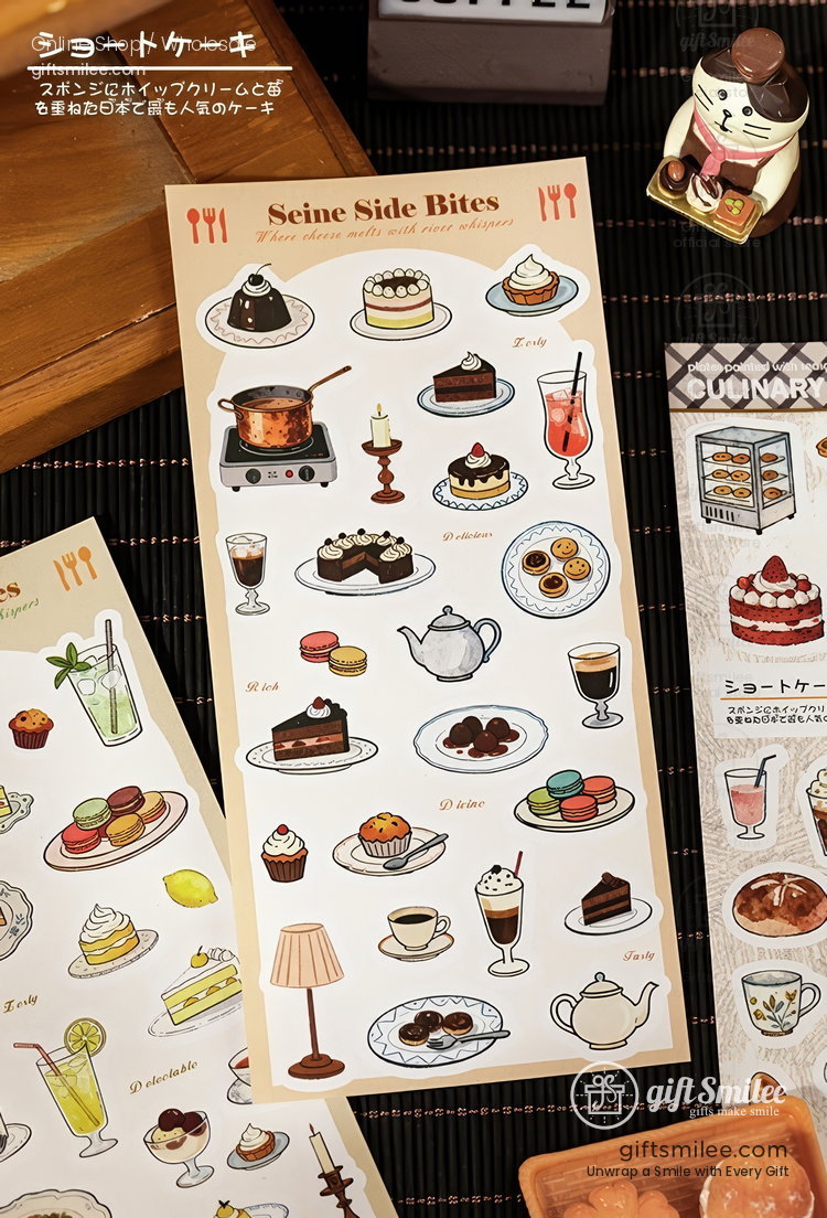 Illustrated dessert and drink menu sticker sheet with cakes teapots pastries and soft drinks in pastel tones