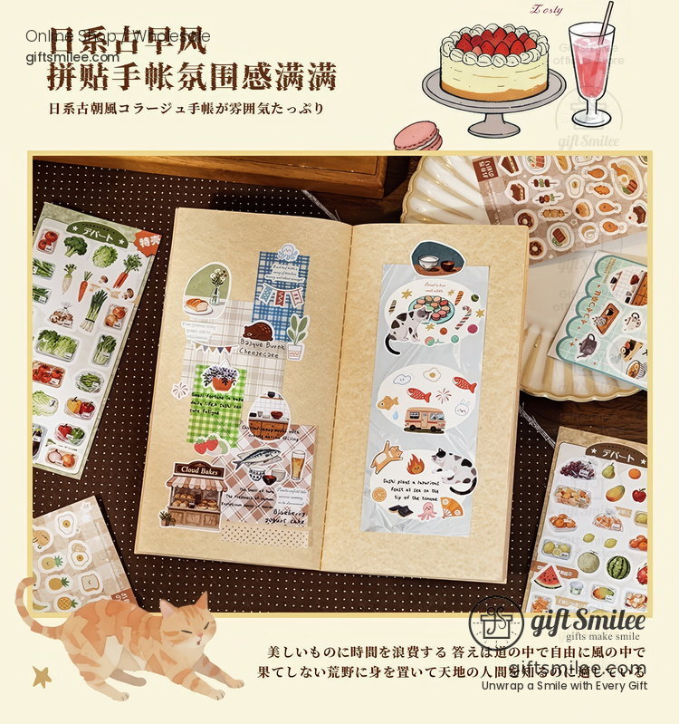 Vintagestyle scrapbook with Japanesethemed stickers including cats food and landmarks on kraft paper pages
