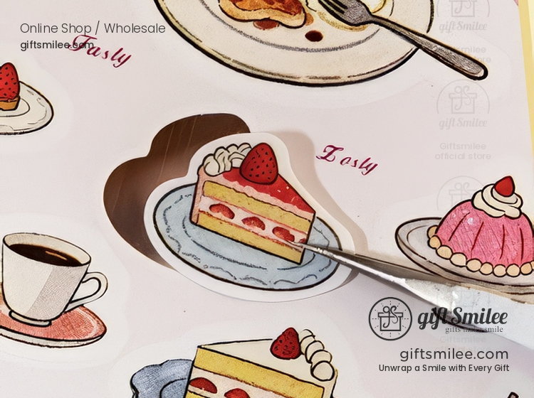 Whimsical dessert stickers with layered cake whipped cream and strawberries on pastel plates ideal for crafts