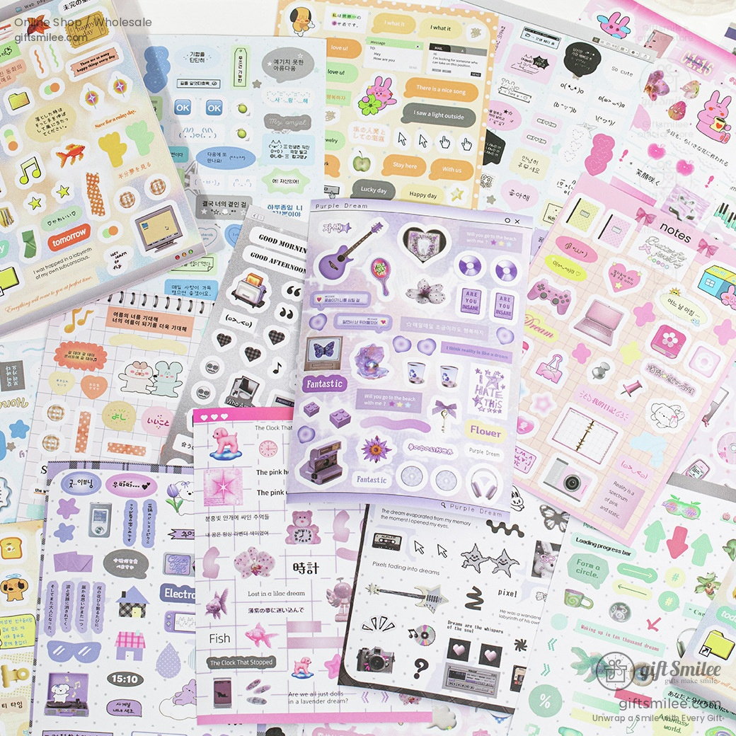 Vibrant multicolored sticker sheets with playful designs including pastel icons animals gadgets and decorative text