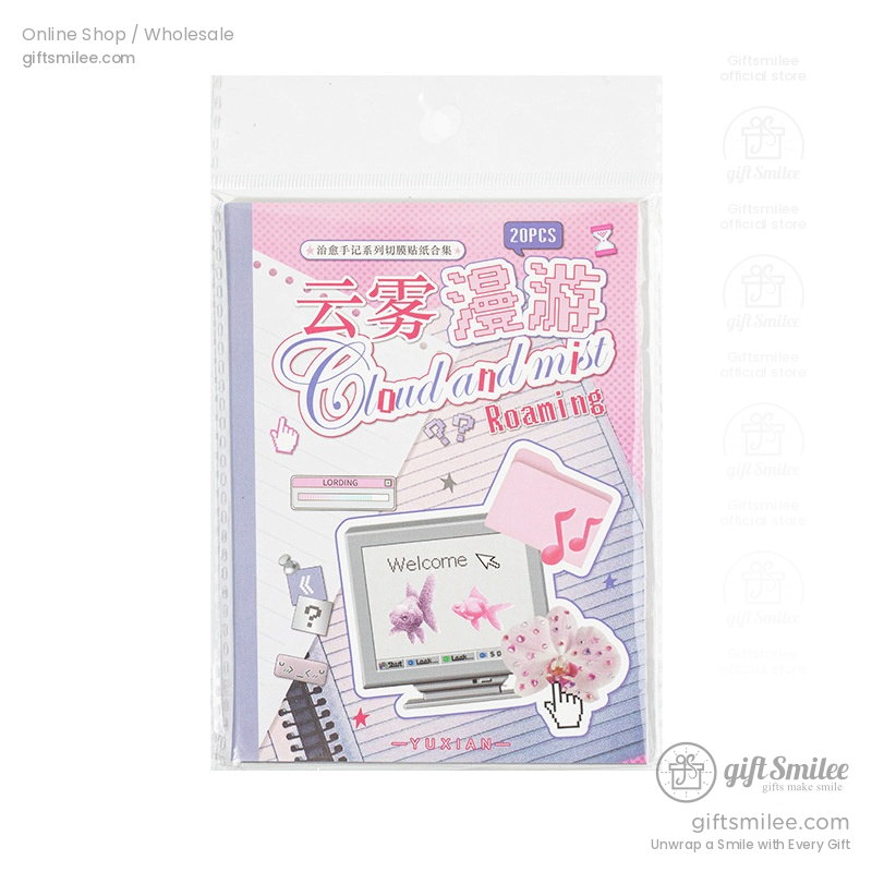 Pastel pink and purple stationery set with retro computer graphics floral accents and Cloud and Mist Roaming text
