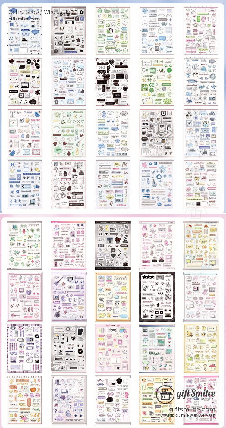 Assorted pastel and monochrome planner sticker sheets with icons quotes and symbols in various sizes and designs