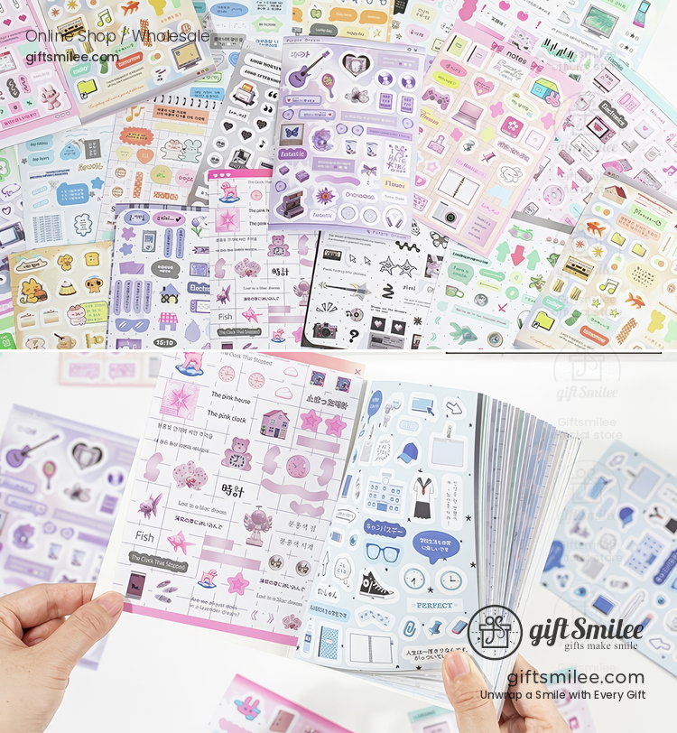 Assorted pastel and vibrant sticker sheets with cute icons decorative patterns and whimsical illustrations in booklet form
