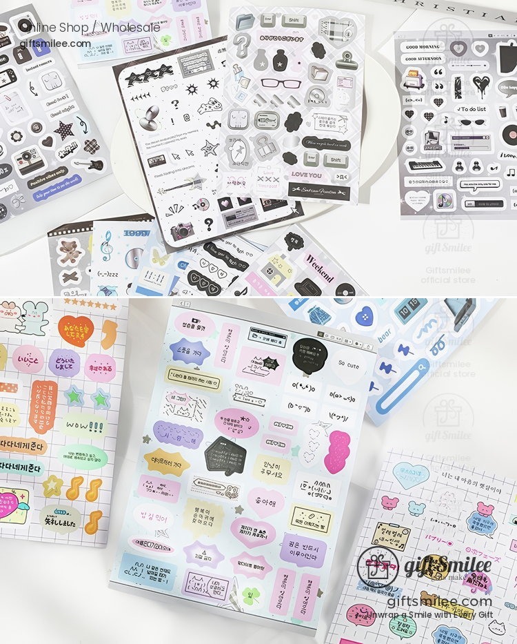 Assorted decorative sticker sheets with pastel and monochrome designs featuring icons phrases and playful graphics