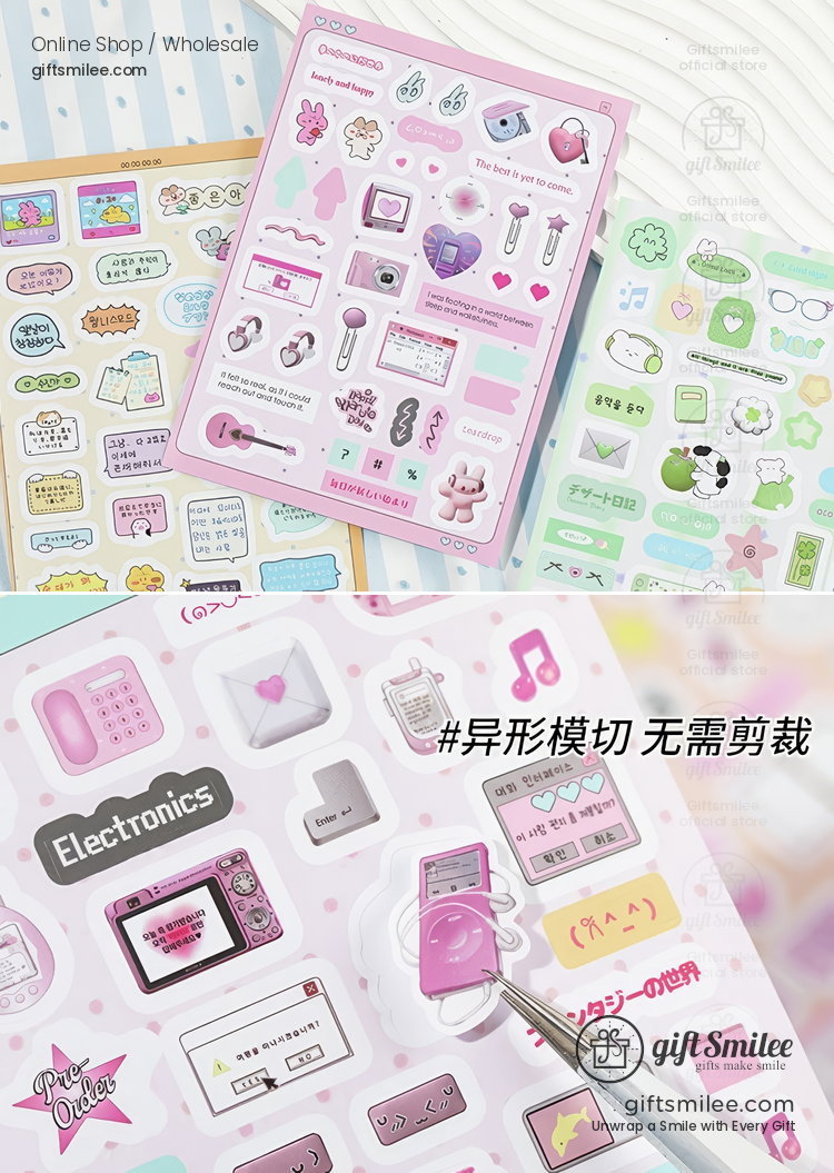 Pink retrothemed sticker sheet with electronic gadgets music notes and pastel icons on glossy diecut material