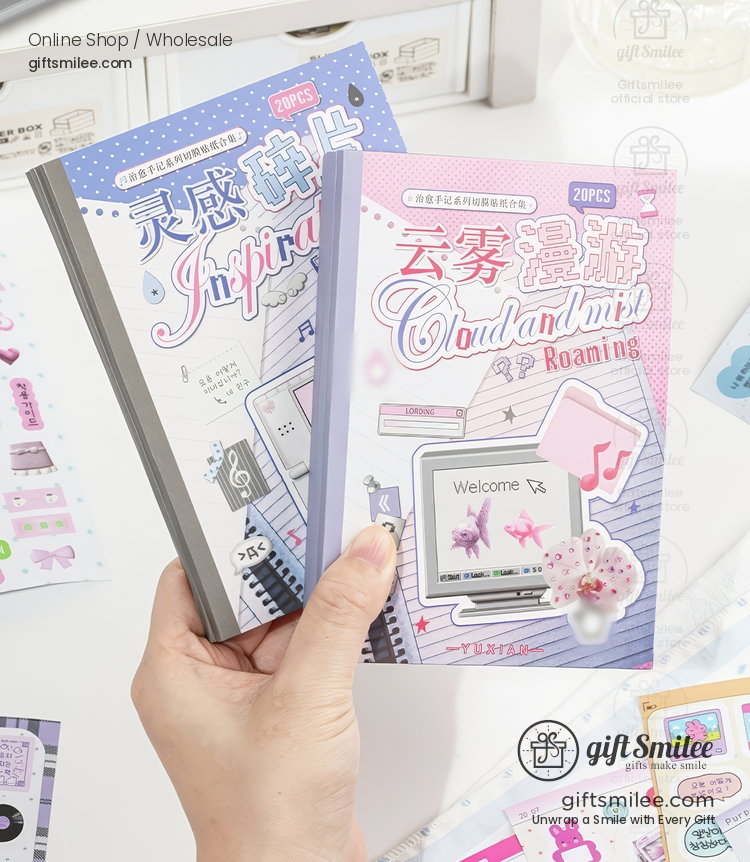 Pastelthemed notebooks with graphic covers featuring retro computer designs delicate floral accents and Japanese text