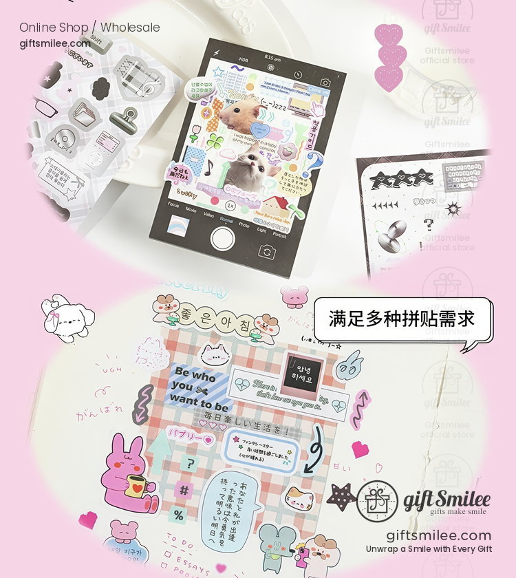 Colorful cartoon sticker set with pastel animal designs motivational quotes and decorative icons on a pink background