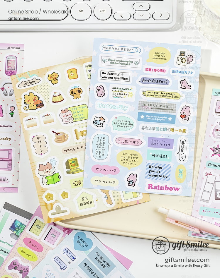 Colorful cartoon and text sticker sheets with playful designs pastel tones and a mix of animals phrases and icons