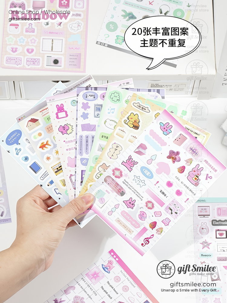 Hand holding colorful sticker sheets with pastelthemed designs featuring bunnies stars flowers and decorative icons