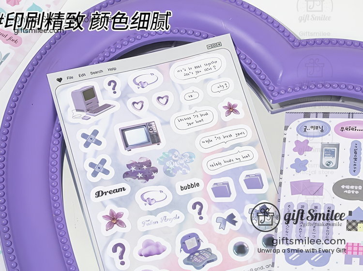 Purplethemed sticker sheet with retro computer icons heart shapes and pastel accents on a heartshaped mirror