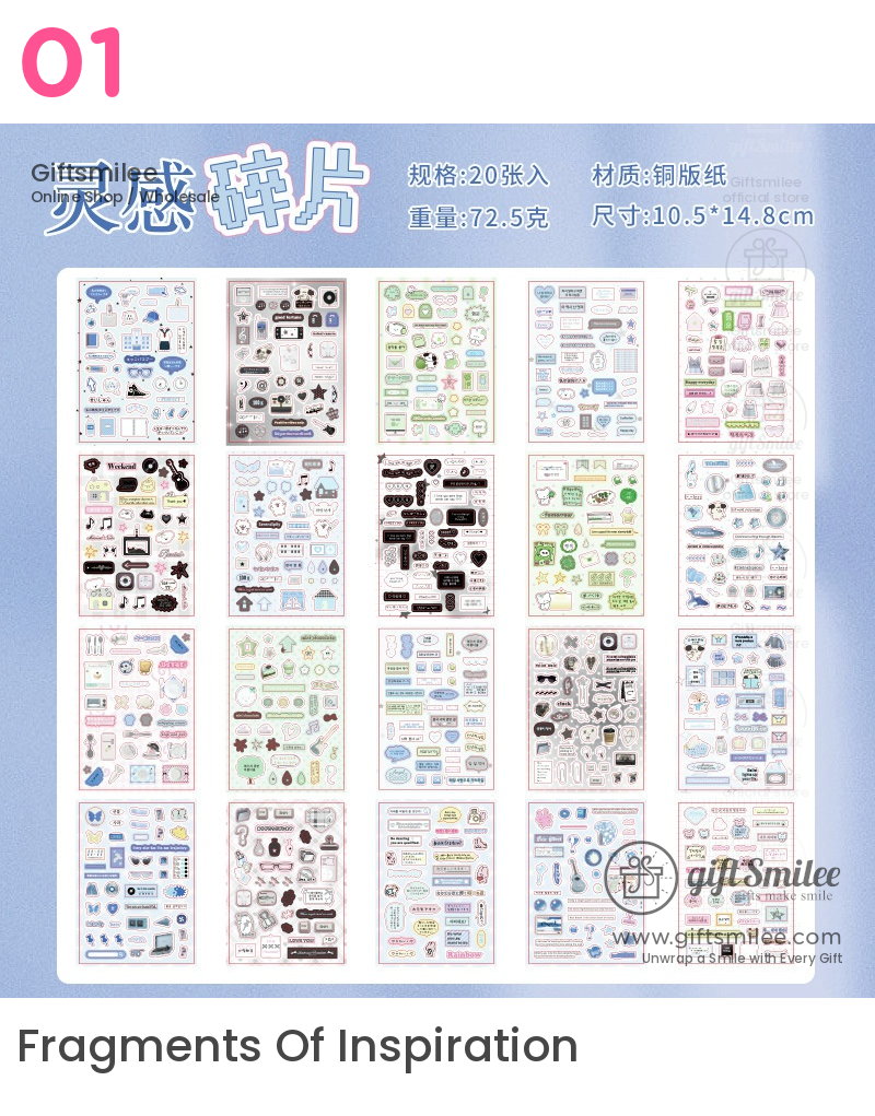 Assorted pastel and monochrome sticker sheets with icons text designs and decorative elements on glossy paper