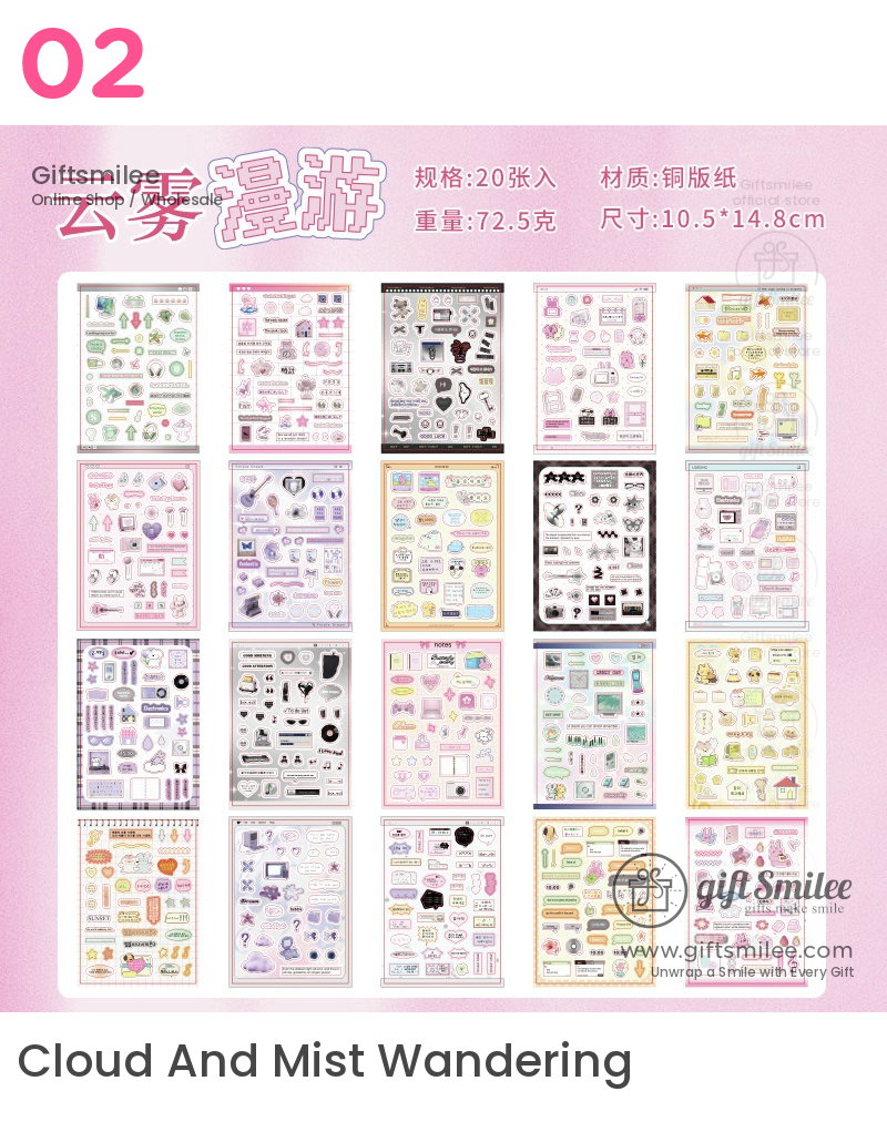 Assorted pastel and monochrome sticker sheets with cute icons text designs and doodles on premium glossy paper