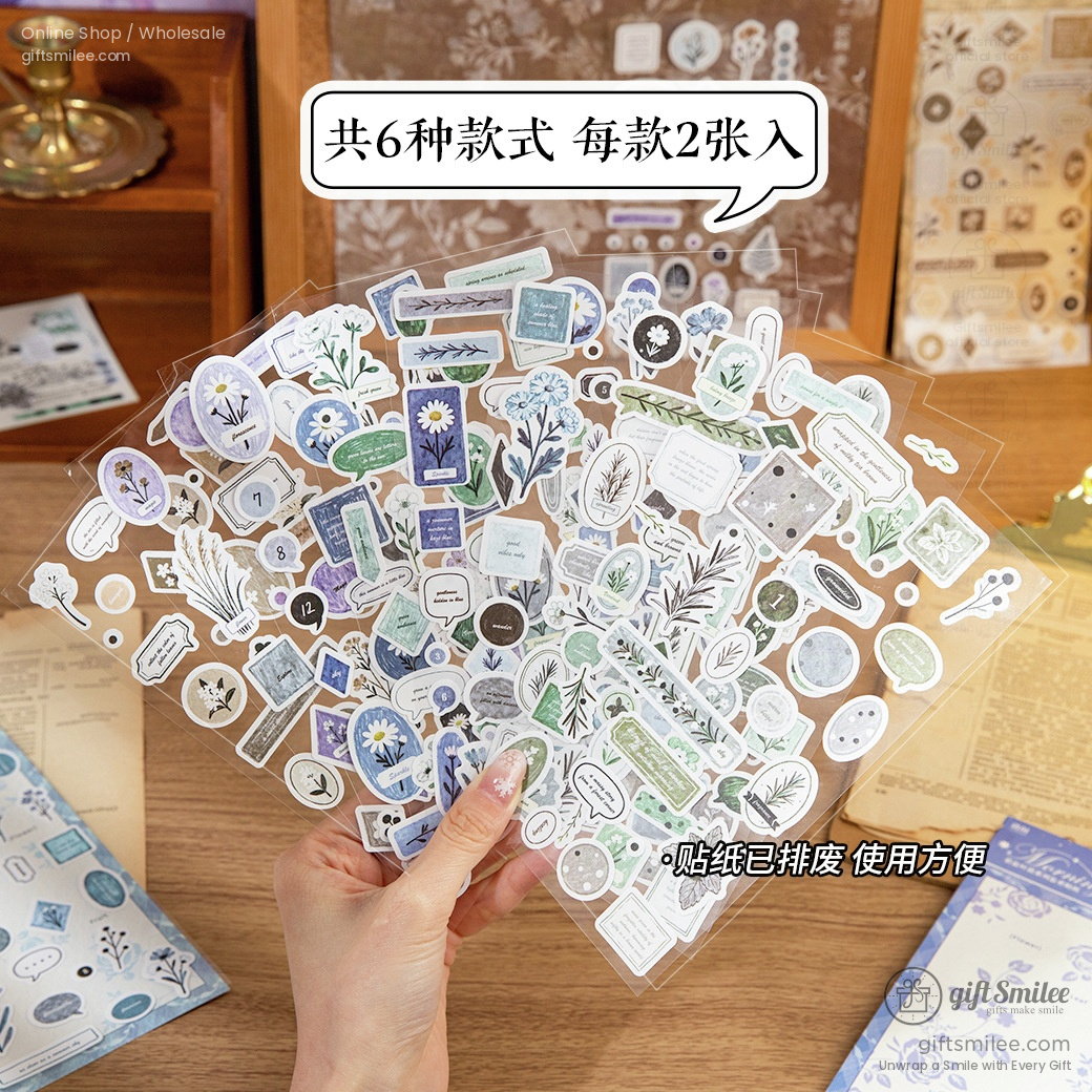 Clear sticker sheets featuring floral designs botanical patterns and vintagestyle labels in soft pastel tones