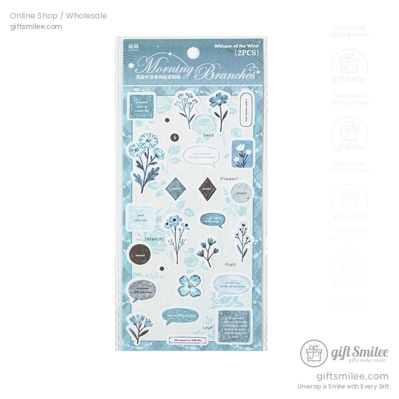 Blue floral sticker sheet with delicate botanical designs text bubbles labels and decorative accents on a light background