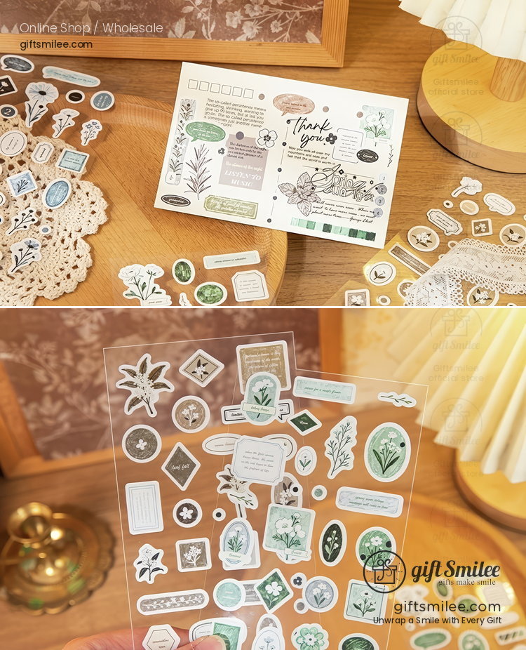 Vintagestyle botanical sticker set with green beige and white designs featuring floral patterns and decorative labels
