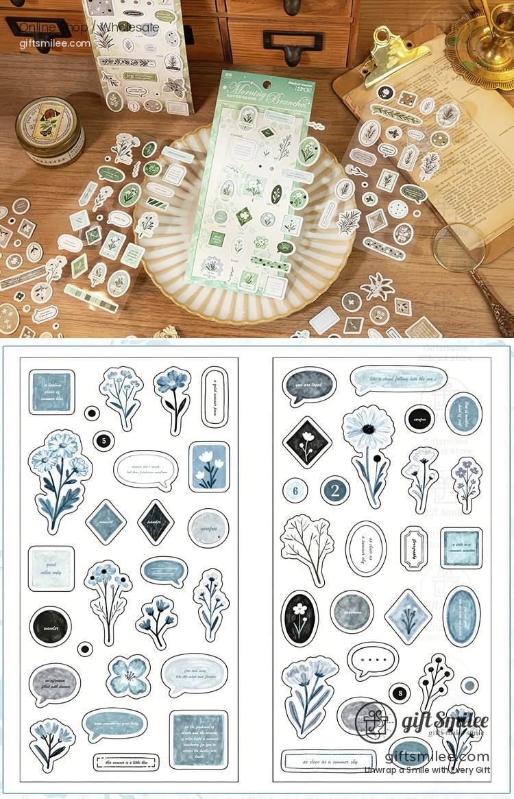 Vintageinspired flower and quote sticker set with pastel blue and green designs perfect for journaling or crafting