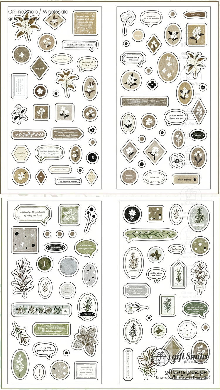 Vintage botanicalthemed stickers in earthy tones featuring floral illustrations leaves and decorative frames in varied shapes