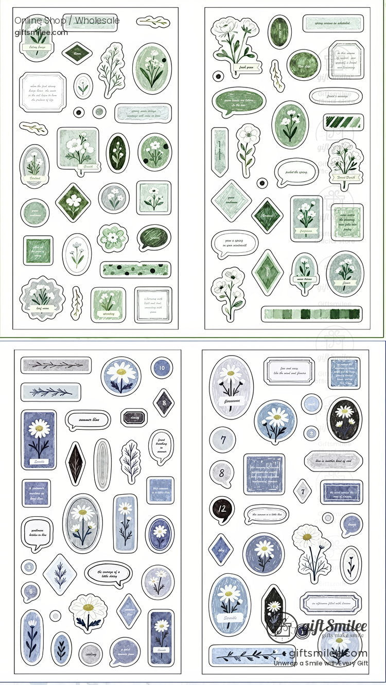 Botanical sticker sheets with pastel green and blue floral designs featuring leaves daisies quotes and decorative frames