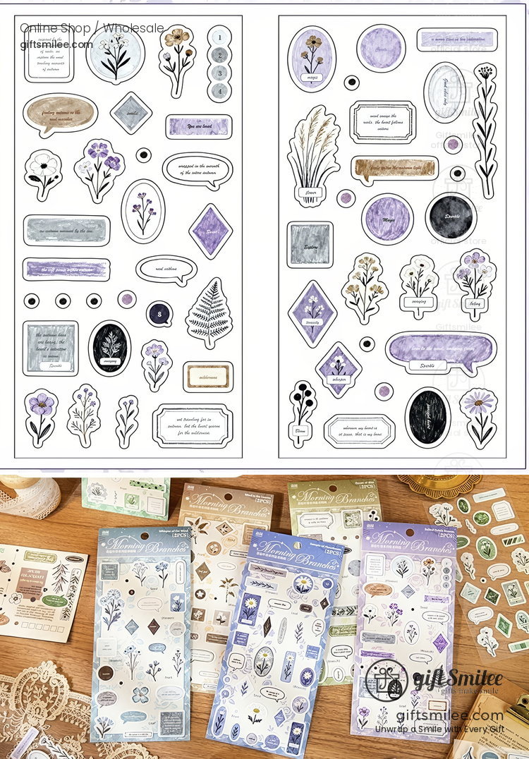 Lavender and beige vintagestyle botanical stickers with floral designs labels and decorative shapes on white backing