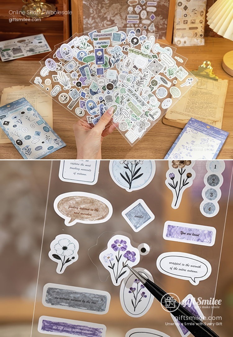 Transparent floral and quote stickers in pastel purple green and blue tones perfect for scrapbooking or journaling