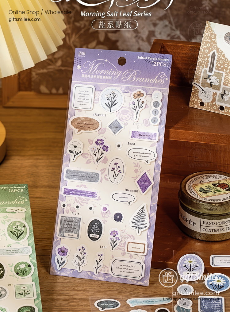 Purple floralthemed sticker sheet featuring delicate botanical designs natureinspired motifs and elegant text accents