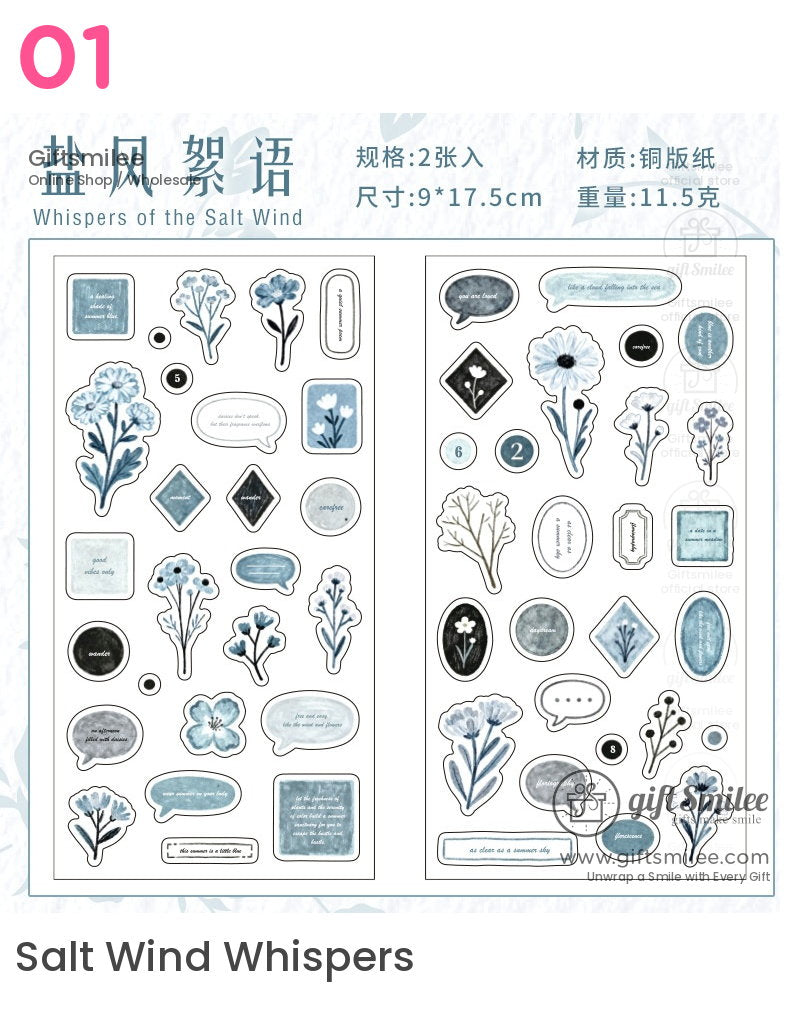 Blue and white floral stickers with watercolorstyle flowers labels and text accents on premium glossy paper