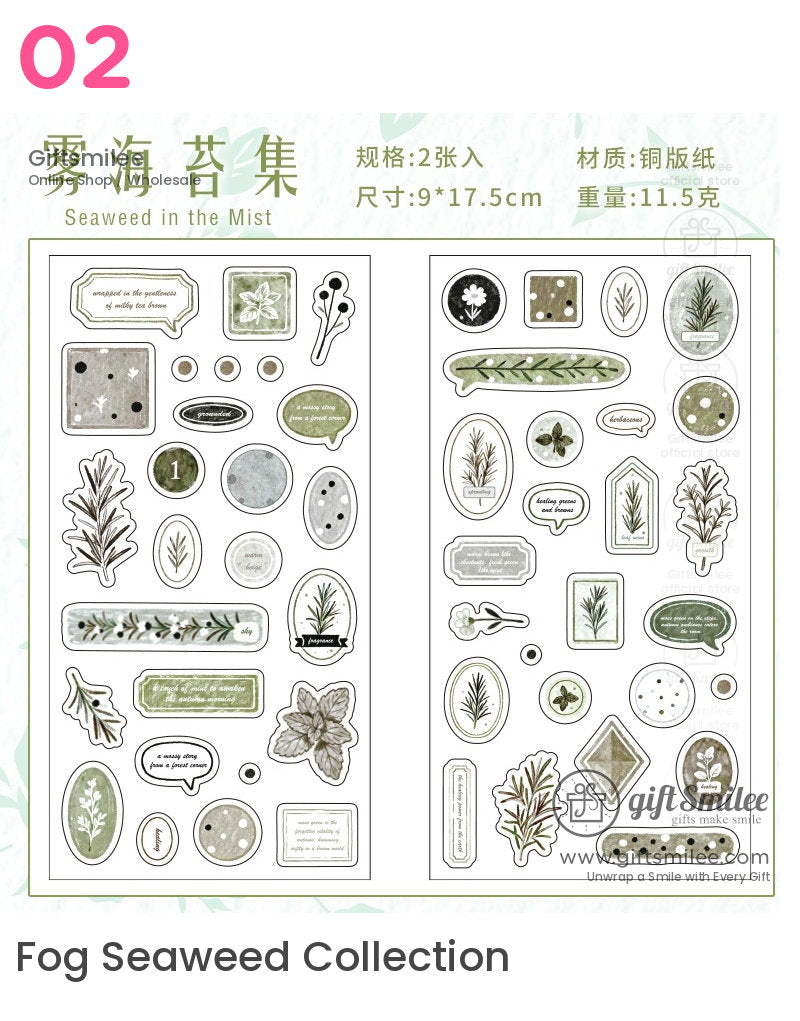 Green and beige botanicalthemed sticker set with watercolorstyle leaves flowers and natureinspired text accents