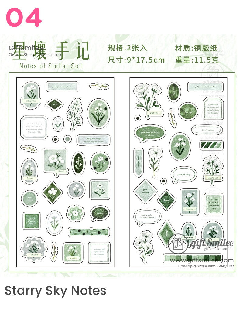 Green botanicalthemed sticker set with floral designs oval and diamond shapes and text accents on matte paper