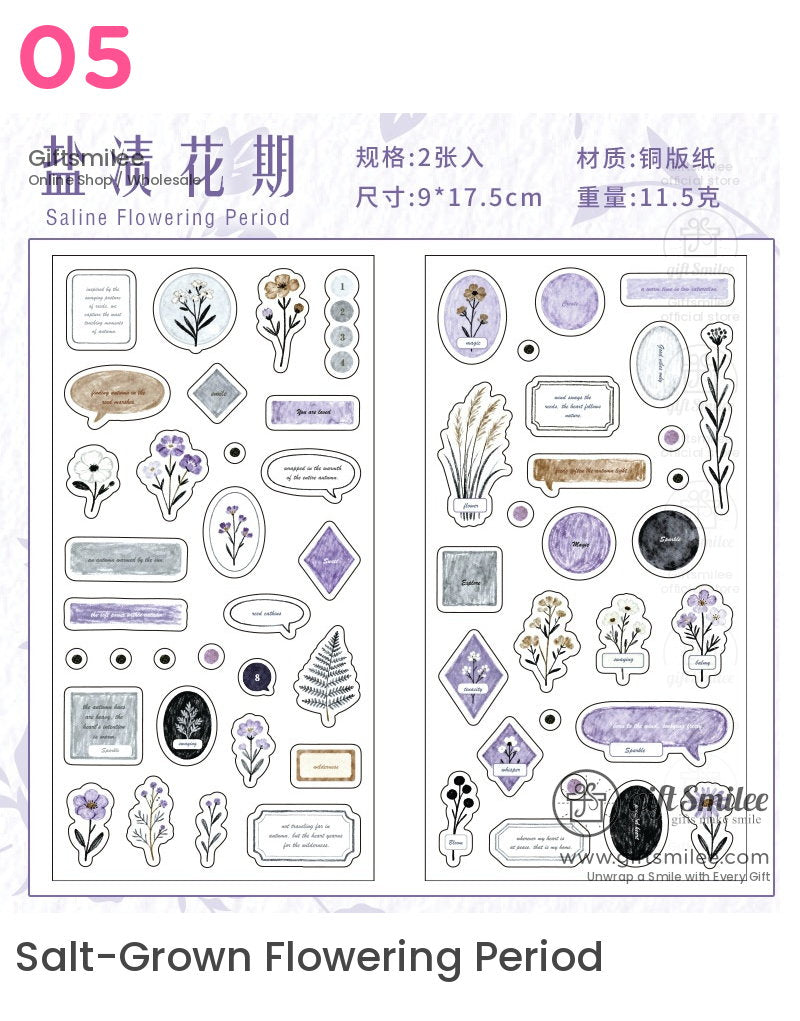 Pasteltoned sticker set with botanical prints lavender flowers inspirational text and delicate watercolorstyle frames