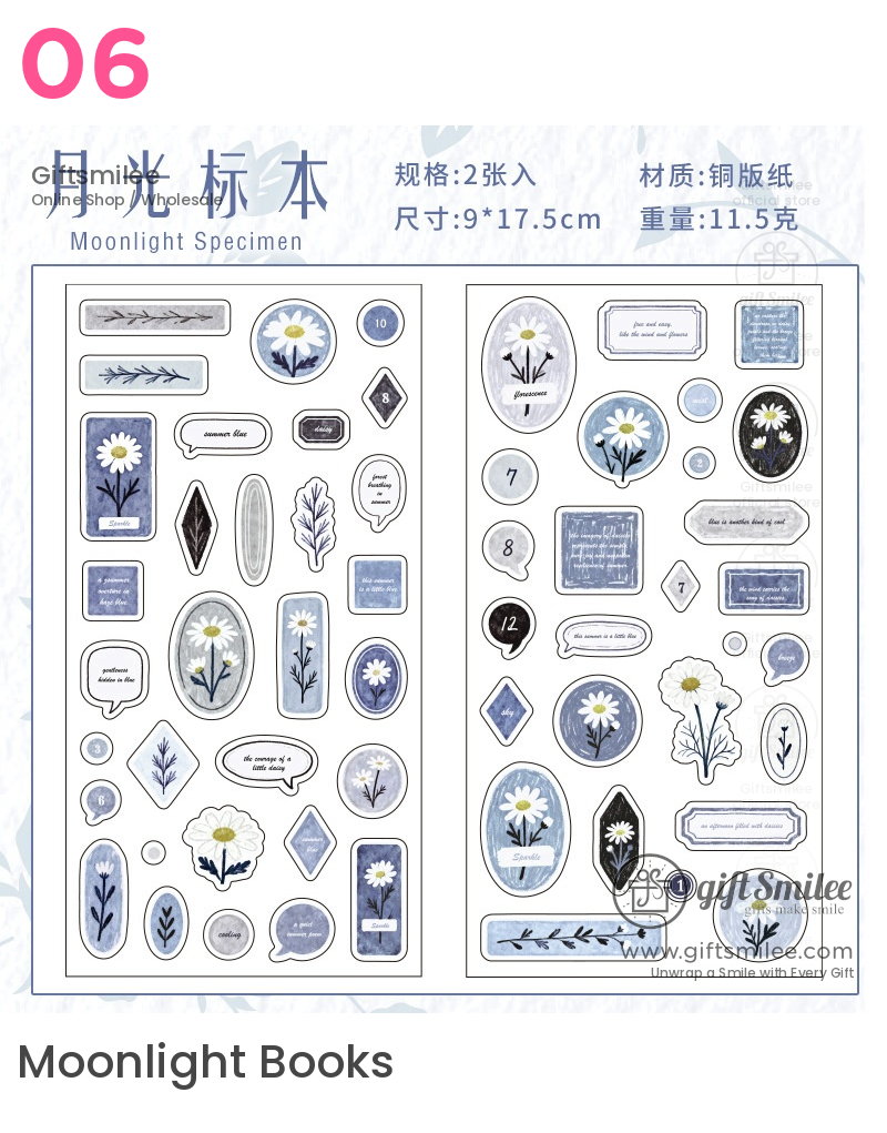 Blue and white daisythemed decorative stickers with oval and rectangle shapes featuring text accents and delicate floral designs